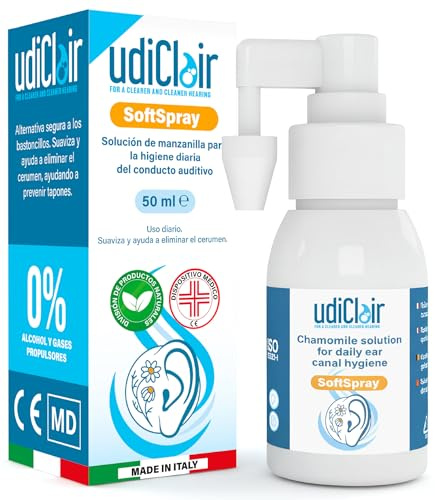 Spray Auricular para Eliminación de Cerumen 50ml - UdiClair SoftSpray Prevención y Eliminación de Tapones de Cera Adultos Ancianos Niños 0% Alcohol - Solución Isotónica con Manzanilla Hecho en Italia