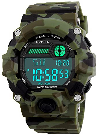 TONSHEN Sport Digital Militaire Montres Homme 50M Etanche LED Outdoor Tactique Multifonction Electronique Alarme Montre Bracelet Vert Camouflage Lunette Plastique Caoutchouc Montre Homme Garçon
