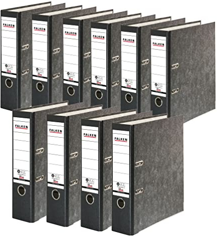 Original Falken 10er Pack Recycling-Ordner Wolkenmarmor. Made in Germany. 8 cm breit DIN A4 schwarzer Rücken Ringordner Aktenordner Briefordner Büroordner Pappordner CO2-Neutral Blauer Engel