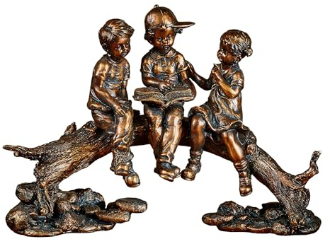 Touch of Class Summer Stories Children on Log Table Figurine - Golden Bronze - Resin - Youth Reading - Friends Statue for Bedroom, Child's Room, Living Room, Office - Childhood Innocence