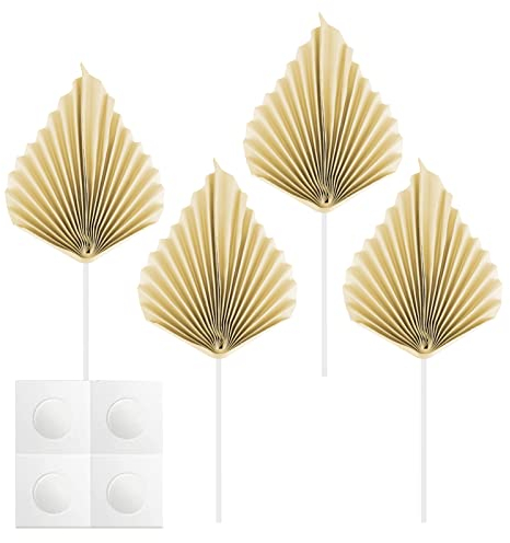 Udewo 4 Pcs Paper Palm Fan Cake Toppers, Palm Leaf Fan Cake Topper Palm Spear Leaf Cupcake Toppers Cake Insert Decoration for Cake Decorating DIY Craft Project Home Wedding Party Décor, Cream Color