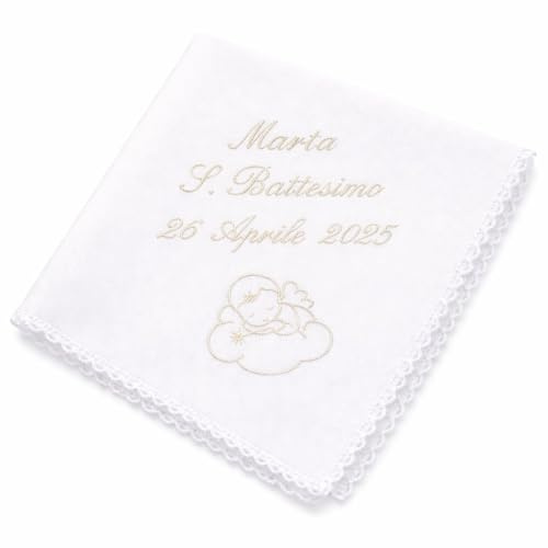 Coccole - Fazzoletto Battesimo Bimba Angioletto Panna - Fazzoletto Battesimo Personalizzato con Nome e Data per Cerimonia 100% Made in Italy - Tessuto Piquet
