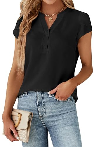 Blooming Jelly Women's Dressy Casual Tops Business Work Blouses Button Down Black Shirts 2026 Summer Cute Petal Cap Sleeve Tshirt (Black,X-Large)