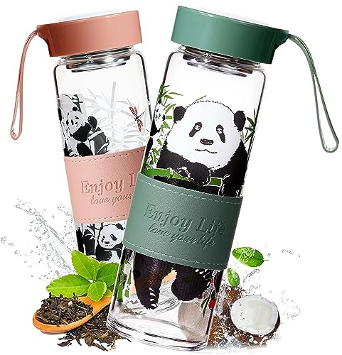 TDN Panda Teeflasche 620ml, 2 Stück Trinkflasche aus Glas, Glasflasche, Panda geschenk, BPA freie, Schule, Arbeit, Fitnesssport, Spülmaschinengeeignet