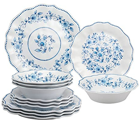 UP ware Melamin-Geschirrset, Teller und Schüsseln, für 4 Personen, Blau und Weiß, Blumenmuster, 12-teiliges Set