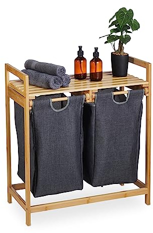 Relaxdays Wäschekorb Regal, Bambus, ausziehbar, HBT: 73 x 64 x 33 cm, 2 Fächer & 1 Ablage, Wäschesammler Bad, natur/grau