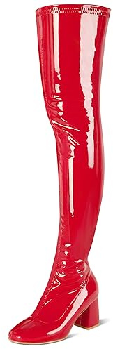syztsho Women's Thigh High Boots Patent Leather Red Over The Knee Boot for Women Square Toe Side Zipper Leather Chunky Heel GOGO Boots Size 7.5