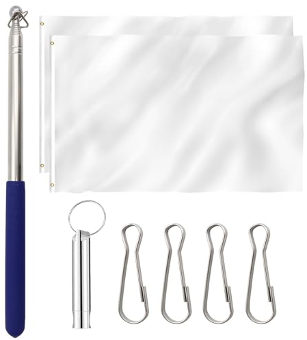 2 Pcs 90x150 cm Großes Weiße Fahnen zum Selbst Gestalten, Weisse Fahne zum Bemalen, Blanko Fahnen mit Ösen für Geburtstag Partyfeiern, Polyester Flagge mit 1 Teleskop-Fahnenmast 1 Pfeife 4 Haken