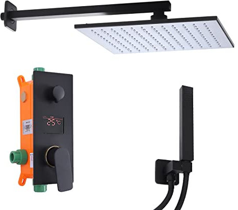 Système de douche encastré - Avec pommeau de douche carré en acier inoxydable et laiton - Avec LED de 30 x 30 cm - Noir mat