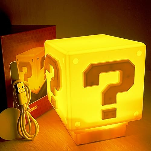 hopanrel Super Bros Question Block Lamp, Square LED Night Light with USB Cable, Game-themed LED Lamp, Yellow, Polycarbonate, Kids Room Decor