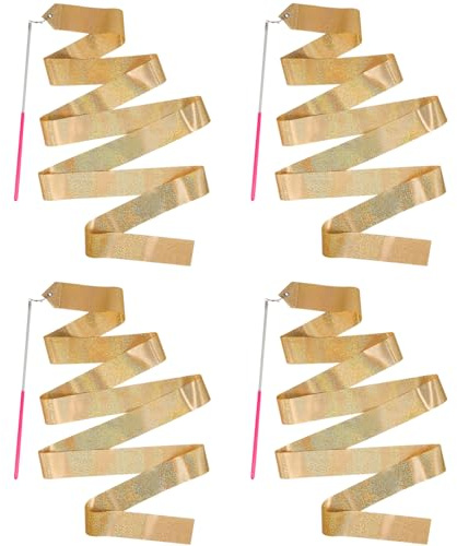HiUnicorn 4PCS Sparkly Golden Dance Ribbon for Kids Girls Princess Mermaid Ballet Ballerina Gymnastics Birthday Party Favors Decorations, Twirl Streamer Ribbon Dancer Wands for Class Talent Shows