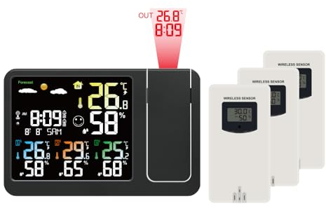 KETOTEK Radiosveglia digitale con proiezione, stazione meteo wireless, termometro interno ed esterno, igrometro, monitor di temperatura e umidità, previsioni meteo con 3 sensori remoti
