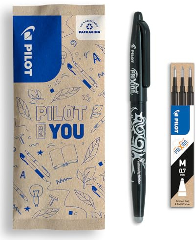 PILOT Frixion Ball + 1 set med 3 påfyllningar - Raderbar penna med värmekänslig bläck - påfyllningsbar rullpenna tillverkad av återvunnen plast - svart - medium spets