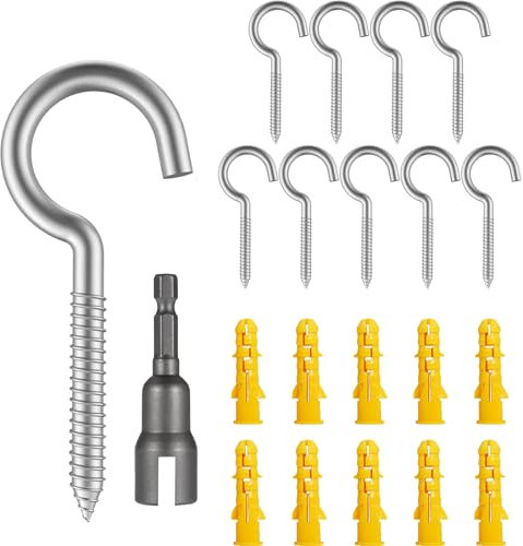 KARELLS 10 Pezzi Ganci Avvitabili in Acciaio Inox, Viti per Occhielli Autofilettante per Legno, Gancio a Soffitto, Con Punto Interrogativo, a Forma di C, a Vite