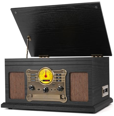 10-i-1 vintage Bluetooth-skivspelare med inbyggda högtalare, CD- och kassettspelare, AM/FM-radio, USB/TF-inspelning, trä klassisk 3-växlad retro nostalgisk vinyl skivspelare multimedia center, svart