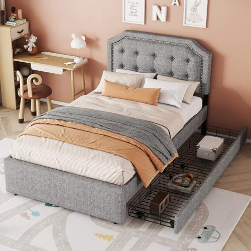 KOMHTOM 90x200cm Lit Simple Rembourré avec 2 Tiroirs de Rangement, Lit Plateforme avec Tête de Lit Réglable en Hauteur, Cadre de Lit(sans Matelas) (Gris-A)