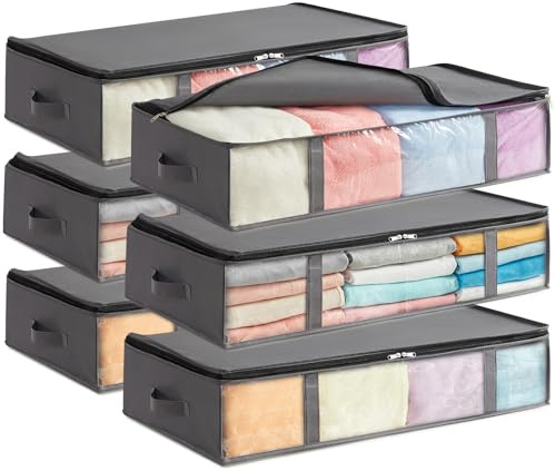Lifewit Bolsas de Almacenaje para Debajo de la Cama, Cajas para Guardar Ropa con Ventana Transparente Frontal, Organizadore Armario para Toallas, Mantas, Gris, 90 L, 6 Piezas