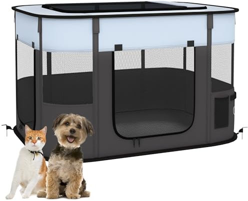 PawHut Welpenauslauf faltbar Welpenlaufstall aus Oxford-Tuch, Atmungsaktivem Netzstoff Hundelaufstall Terlaufstall Laufstall für Katzen, Hunde unter 10 kg, Indoor & Outdoor, Grau