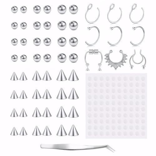 Katslyn Fake Piercings - 159 PCS, Fake Eyebrow Rings for Lip & Eyebrow, Steel Color, Comes with Tweezers