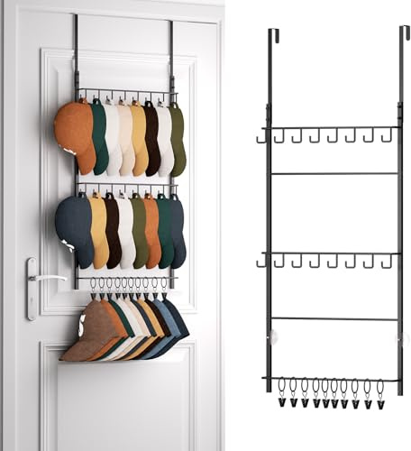 HapiRm Over Door Hat Rack - 3-Tier Wall Mounted Hat Holder with 16 Hooks and 10 Movable Clips, Cap Hanger Storage Organiser up to 26 Caps for Door, Bedroom, Closet