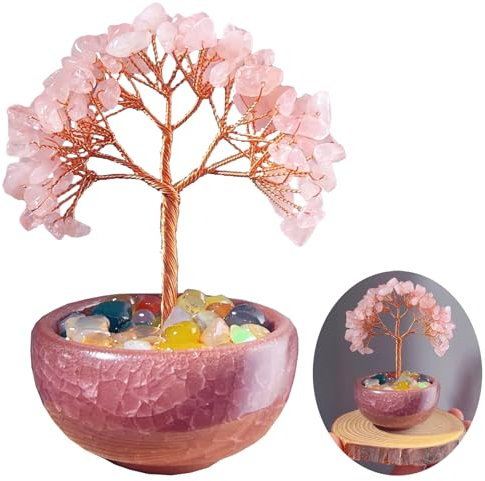 yealuusoon Pink Crystal Tree,Feng Shui Present with Natural Crystal Stones for Office Home Decor,Money Tree Handmade Presents about Love Romantic Relationship