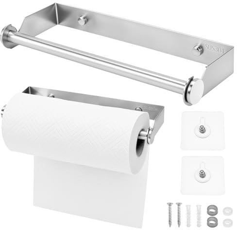 QWORK® Dual-purpose Kitchen Paper Towel Holder, 304 Stainless Steel Drilling/Self Adhesive Versatile Towel Holder, for Kitchen Bathroom