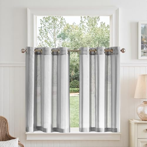 TOPICK Grey Striped Voile Kitchen Curtains for Living Room Bathroom Bedroom Cupboard 24 Inch Drop Pinstripe Cafe Curtains Sheer Small Window Drapes Eyelet 2 panels
