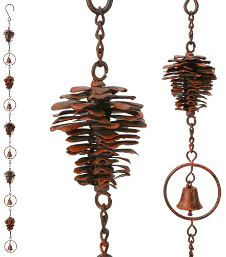 3.6 Feet Pinecone Rain Chains Gutters, Pinecone Shaped Iron Metal Downpipe Outside Catcher, Decorative Pine Cones and Bells Adjustable Hanging Rainchain for Indoor & Outdoor for Garden Decoration