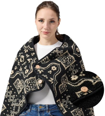 SHINEDOOR Jacquard Sherpa Wearable Blanket Lap Blanket Comfy Poncho Throw with Wooden Buttons Fleece Wearable Blankets for Women Soft Winter Shawl Gifts & Home Snowflake Grey Pattern