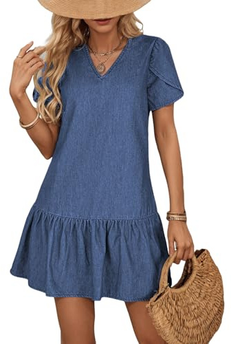 Dokotoo Spring Dresses for Women 2026 Jean Dress Summer Short Sleeve V Neck Ruffle Hem Wash Denim Babydoll Lightweight Soft Casual Loose Tunic Mini Dress Beach Vacation Outfits Ashleigh Blue Large