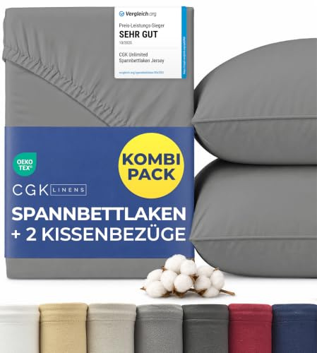 Sábana Bajera Jersey Algodón 160x200cm Gris Oscuro + 2 Fundas de Almohada 80x80cm - Pack de 3-100% Algodón - Rizo 40cm / 16 - Suave, Antiarrugas e Hipoalergénico - Certificado Oeko-Tex Standard 100