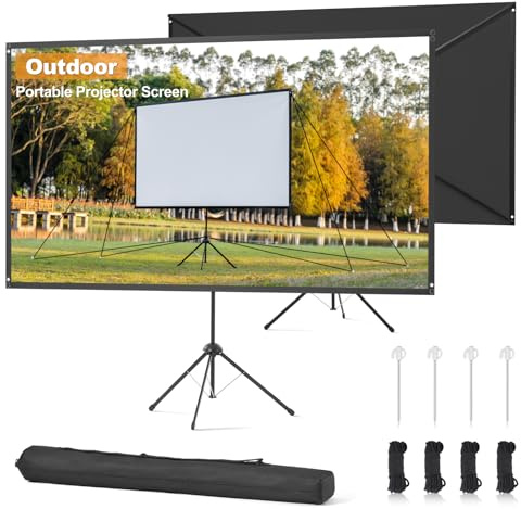 Schermi di Proiezione Esterno, 90 Pollici (16:9), Schermo con Supporto, Design Antivento per Proiettore Portatile, con Corde e Picchetti, Alto Guadagno, Immagine 4K per Home Theater e Campeggio.
