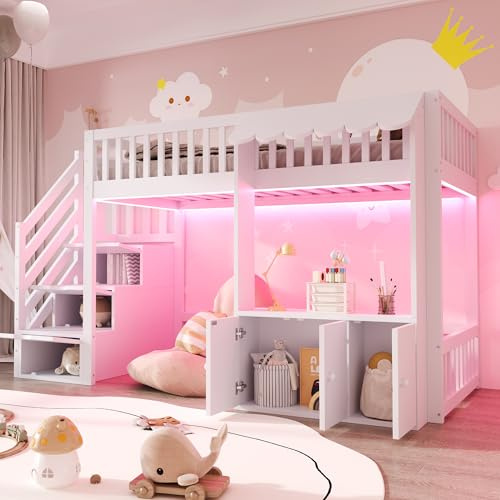 Merax Lit Mezzanine en Bois 90×200 cm, avec Armoire de Rangement, escalier avec Compartiments de Rangement, Espace Ouvert sous Le lit, Bande Lumineuse LED Multicolore, Blanc (sans Matelas)