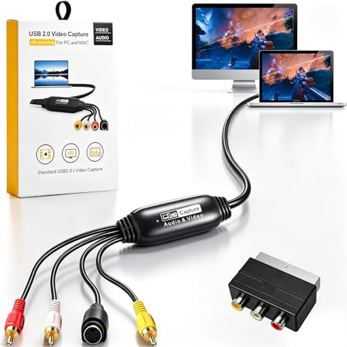 Ozvavzk VHS - Convertitore digitale USB 2.0, scheda di acquisizione video 1080P Hi8 VHS a Convertitore digitale con adattatore Scart/AV per PC TV Tape Player Camcorder, compatibile con Mac OS o
