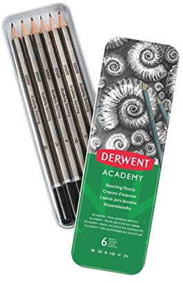 Derwent 2301945 Academy Graphite Sketching Pencils, Tin Box, 6B-5H Degrees, , Multicolor,Set of 6