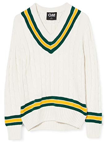 Gunn & Moore GM | Cricket Sweater Jumper Pullover | Classic Heavy Cable Knit | Long Sleeve | Cream with Green & Gold Trimmed Collar | Large Junior to fit Chest 33