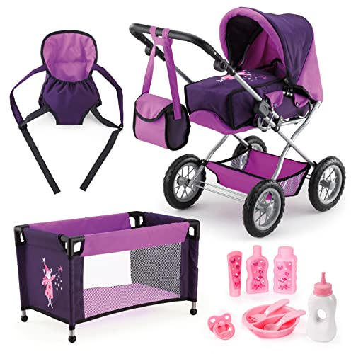 Bayer Design 15012AB Dolls Pram, Stroller Combi Grande set with bag, carrier, travel bed, accessories, purple with fairy