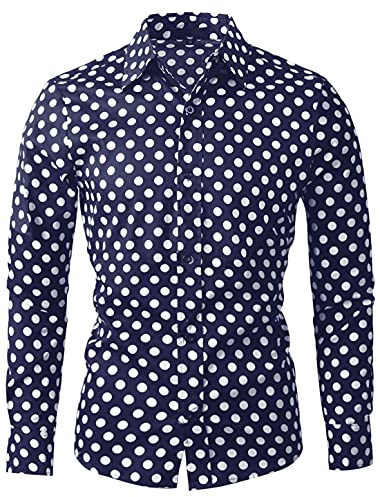 uxcell Camisas de Hombre con Lunares, Manga Larga, Corte Ajustado, Estampado, Camisa con Botones Azul Marino 48