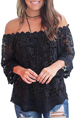 MIHOLL Women's Lace Off Shoulder Tops Casual Loose Blouse Shirts (Black, X-Large)