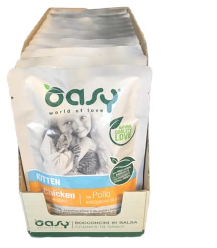 Oasy Bocconcini in salsa per Gattini da 1 a 12 mesi gusto Pollo. Confezione da 12 bustine (1 bustina = 85 gr.) Formulato senza glutine