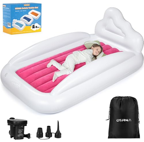 USHMA Inflatable Toddler Travel Bed, Double-Sided Kids Air Mattress | Kids Blow up Mattress with Sides | Travel Portable Toddler Bed for Travel, Sleepovers - Pink & & Aquamarine