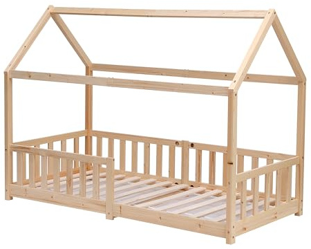 CFDZ Solid Pine Wood Kids BedFrame Single Bed Frame House Scandinavian Style Natural Bed Frame for Boy and Girl for Bedroom Furniture, Mattress (WITHOUT) 90x190 cm