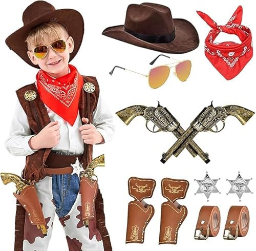 BARVERE 9 STK Cowboy Kostüm Zubehör Kinder, 2025 Western Cowboy Zubehör mit Cowboyhut, Halstuch, Gürtel, Sonnenbrille Spielzeugpistole und Pistolenholster, Karneval Cosplay Halloween Party Dress Up