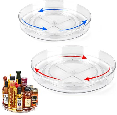2 Stück Drehteller Kühlschrank Organizer Lazy Susan (23,5cm&27cm), 360° Rondell Küchen Organizer Drehbarer Gewürzhalter für Gewürz Speisekammer Schrank Badezimmer Kommode.(Transparent)