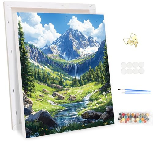 MEIYUDA Pintar por Numeros Adultos con Marco Río de Montaña, Cuadros por Numeros Pigmento Acrílico, DIY Pintura por Numeros Kit Manualidades Adultos, Decoración para el Hogar Regalo de pared 30x40cm