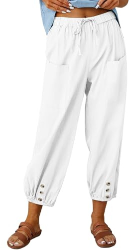 Joligiao Pantalon 7/8 Femme Été Pantalon Coton et Lin Taille Elastique Large Pantalons Fluide Décontracté Taille Haute Léger Respirant Pantalons de Plage Ample Pants Cordon Large à Jambes avec Poches