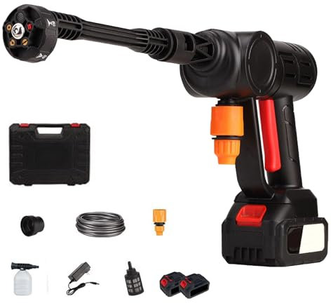Limpiadora de Alta presión sin Cable 2X 48V Limpiadora de Alta presión portátil sin Cable con Boquilla Multi pulverización 6 en 1 y Manguera de 8.2 m, para Coches, Ventanas, Jardines (Negro)