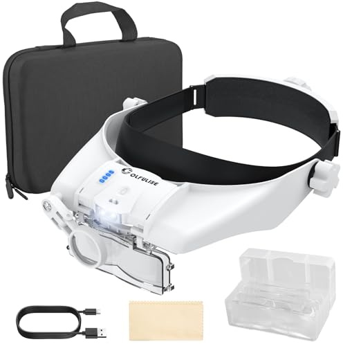 COLFULINE Gafas Lupas con Luz, 5 Lentes 1.5X-3.5X Lente 8X, Ampliación 13x, 2 Ajustes de Brillo, Batería Recargable para Electrónica, Joyería y Manualidades