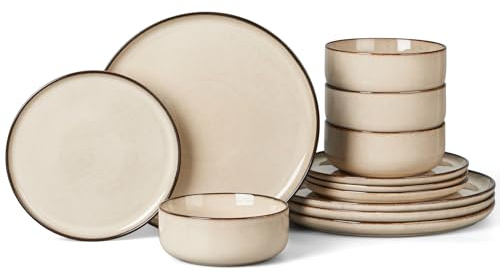 Onader 12Pcs Dinner Set, Reactive Glaze Stoneware Dinnerware for 4 People | Elegant Plates and Bowls Sets for Kitchen Christmas Camping, Scratch Resistant, Microwave & Dishwasher Safe - Latte Khaki
