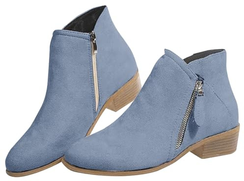 Generisch Botines para mujer, botas cortas con tacón de bloque, elegantes botas de vaquero, botas de tobillo con cremallera lateral, otoño e invierno, botas de entretiempo, cómodas, informales, botas